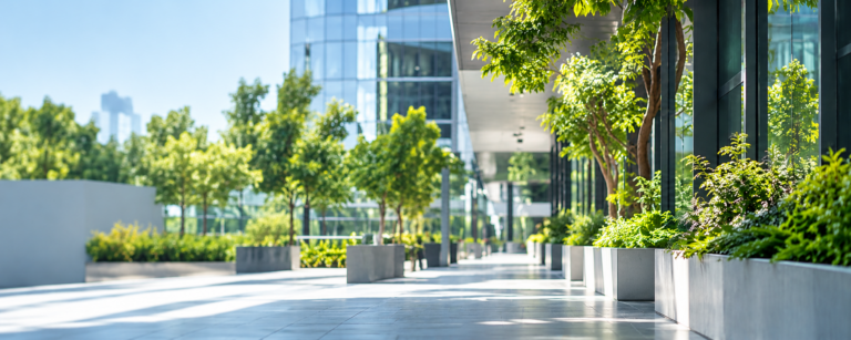 Modern commercial building and landscaped grounds representing sustainable facilities management